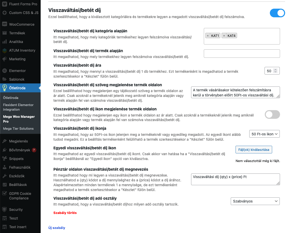 Visszaváltási díj és betétdíj beállítása Woocommerce, Mega Woo Manager