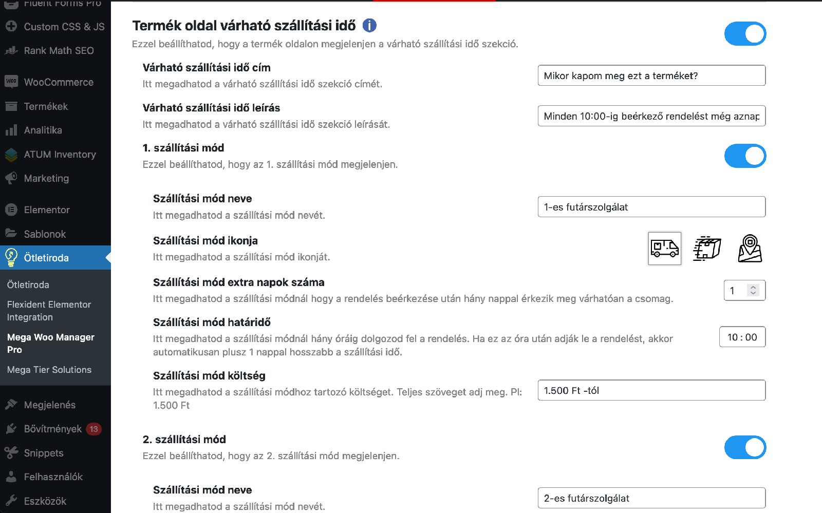 Várható kiszállítási idő és díj feltüntetése a termékoldalon Woocommerce webshopban mega woo manager plugin